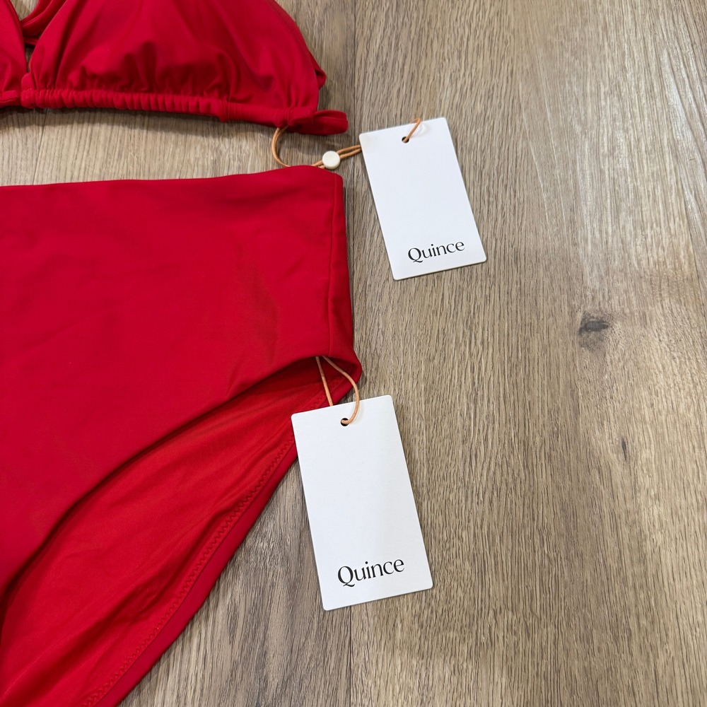 Quince Cherry Red Bikini Set Triangle Halter Top XL High Waisted Bottoms L NWT - Picture 2 of 6